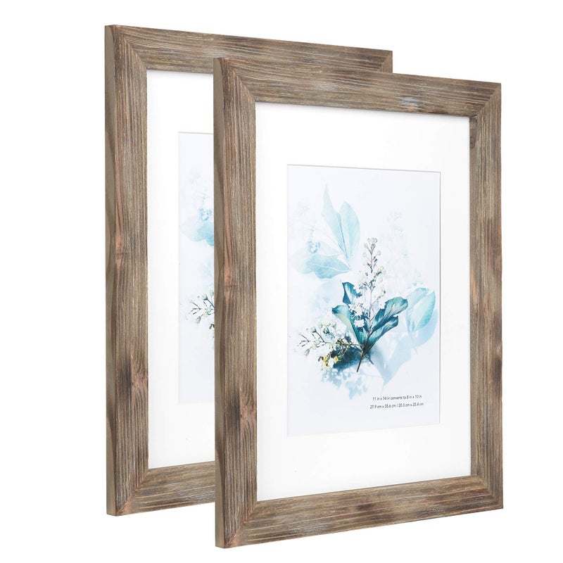 KAIWIN 100% Solid Wood Brown 11x14 Picture Frame 2 Pack Display Picture 8x10 with Mat, Rustic Wooden Photo Frames for Wall Mounting - Image 3